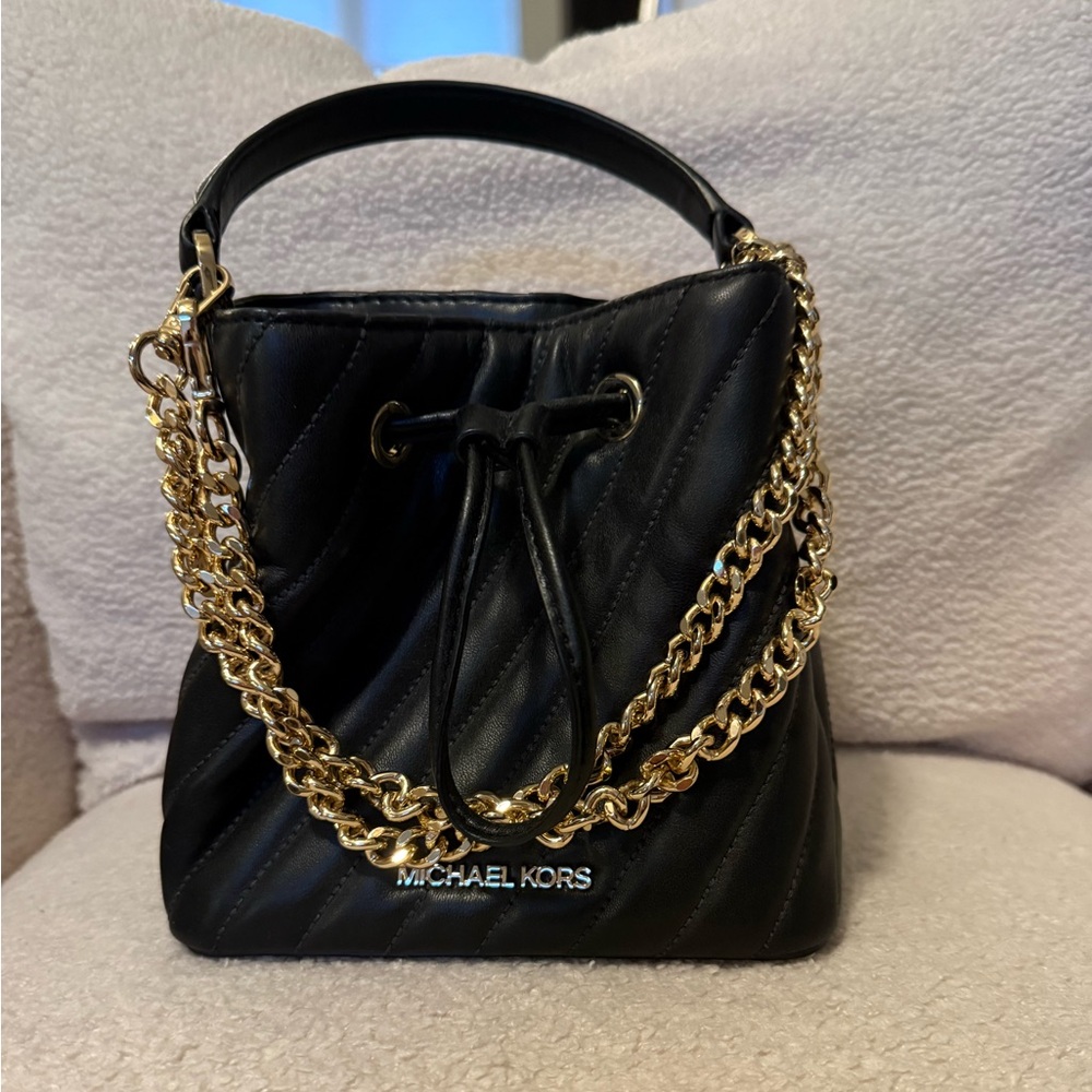 Michael Kors Black Quilted Bucket Bag with Gold Chain